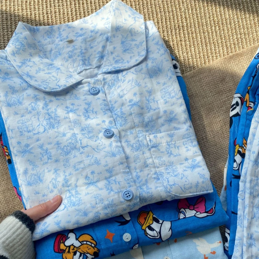 25年上新全棉双层纱套装夏季小翻领短袖短裤睡衣宽松家居服可外穿