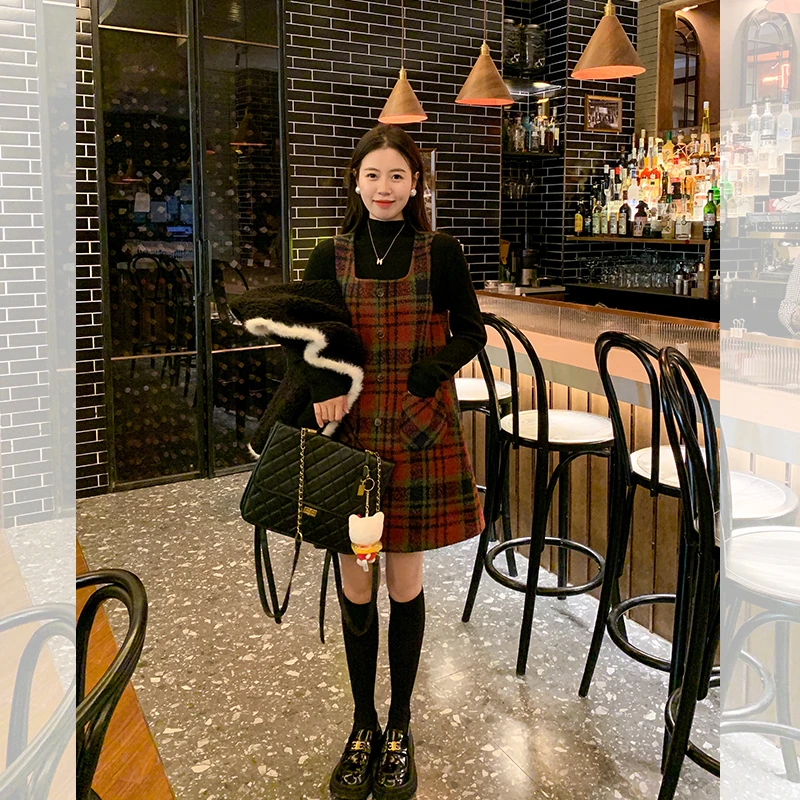 曾小咸红色格子裙女秋冬格纹背心裙连衣裙子Z234LY0904