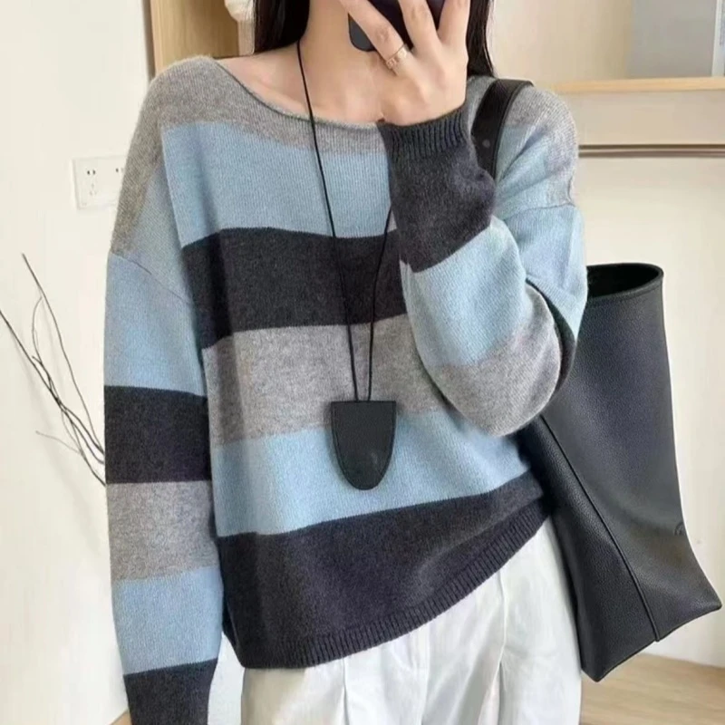 圆领设计感欧货针织衫撞色条纹时髦美式宽松慵懒风上衣1963