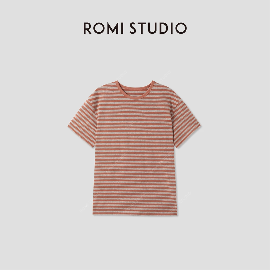 ROMI STUDIO“休闲随性”撞色条纹复古宽松圆领短袖T恤 RWCRS94108
