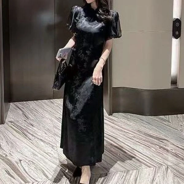 【胖可家】古法新中式改良旗袍浮雕花复古绝美连衣裙9693