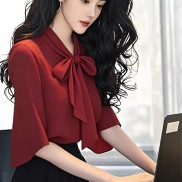 2025夏季新款时尚女装气质显瘦衬衫女蝴蝶结微喇袖雪纺小衫上衣潮