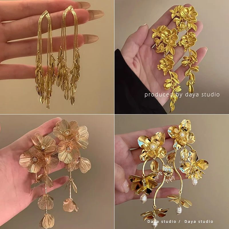 芷醉金迷~秋冬高级感金属花朵耳钉女夸张流苏大耳坠耳钉新娘耳饰