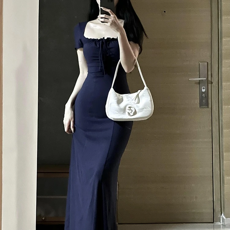女夏季小个子辣妹修身收腰显瘦深蓝连衣裙纯欲小妈风包臀鱼尾长裙