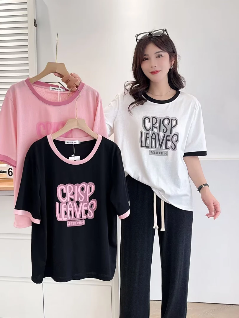 大码婴儿女装夏季宽松正肩字母提花圆领针织短袖立领时尚百搭上衣