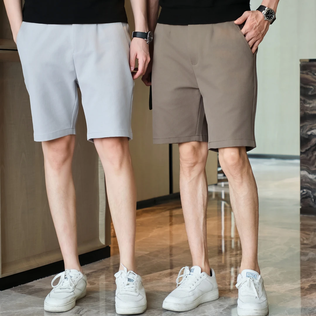 【恒贝】纯色净版纽扣松紧腰五分裤夏季男士新款商务休闲短裤