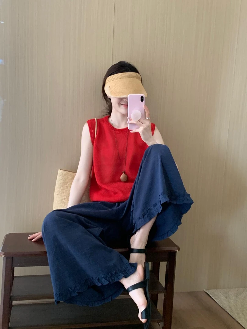 【Dear】韩系多巴胺氛围红色无袖吊带针织上衣高腰藏青色大裤摆套装