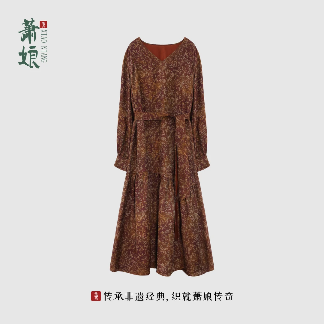 萧娘【画中秋】红云纱连衣裙V领长袖女裙桑蚕丝气质新中式长裙5666