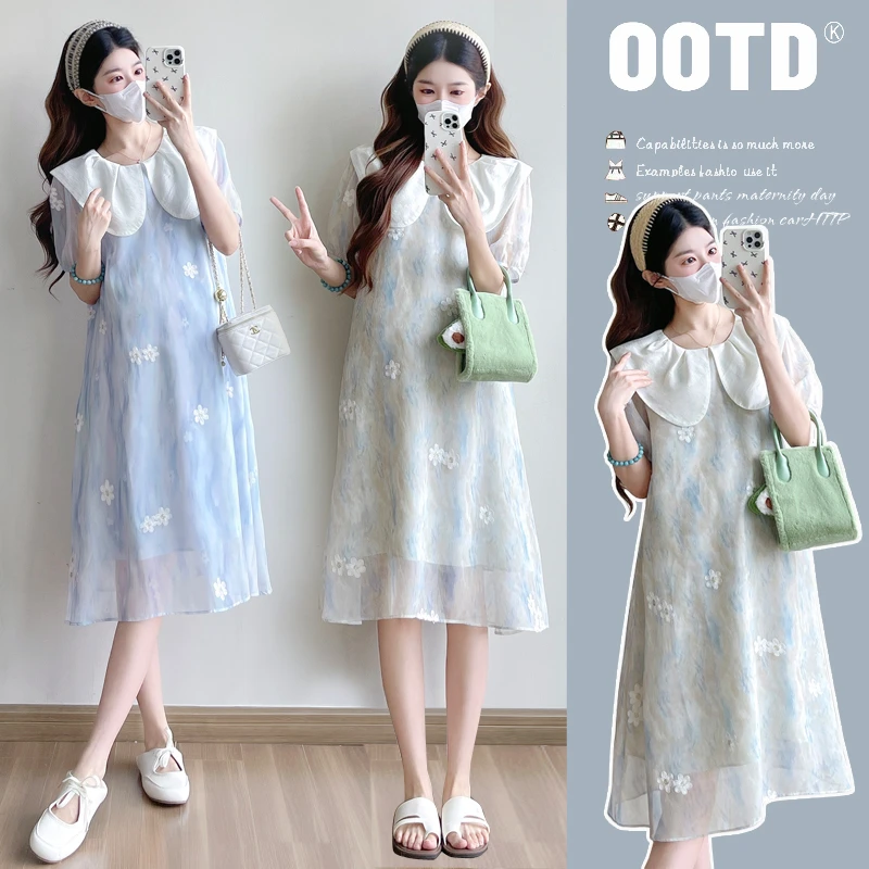 2025新款甜美轻奢孕妇装夏款新品孕妇装连衣裙刺绣减龄宽松显瘦