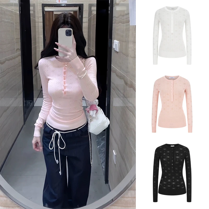 Moses Queen/魔西女王半开领粉针织镂空薄款长袖洋气别致显瘦上衣