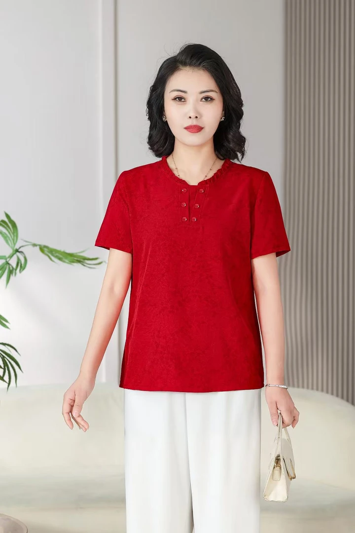 千之绣 中长款宽松型花边领暗纹提花纯色气质夏装休闲遮肚显瘦T