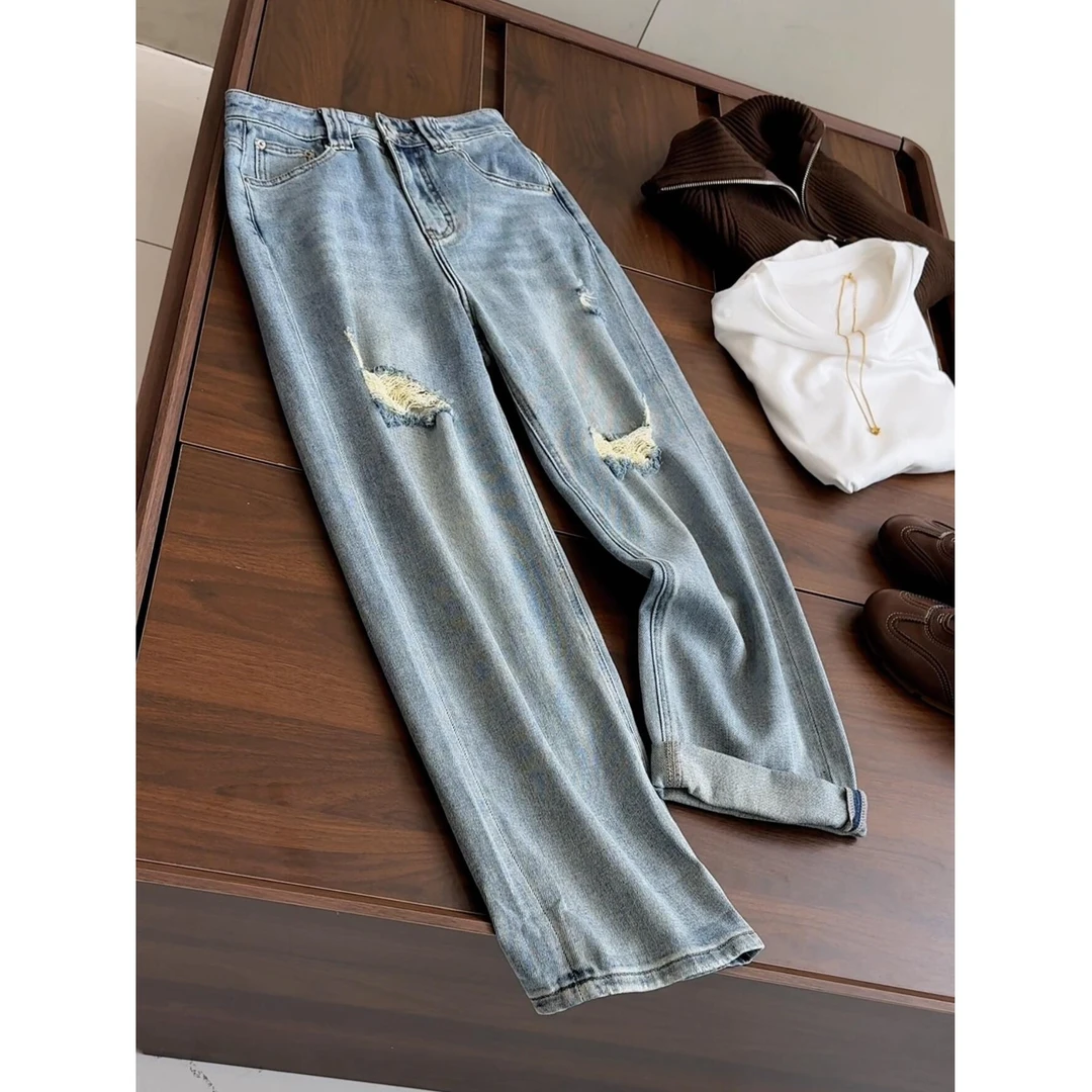 破洞牛仔裤女宽松直筒阔腿裤子美式高街时尚潮流夏天薄款新款