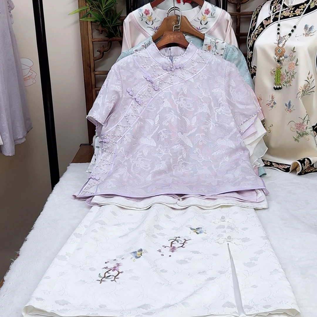 织绣紫色短袖桑蚕丝花罗