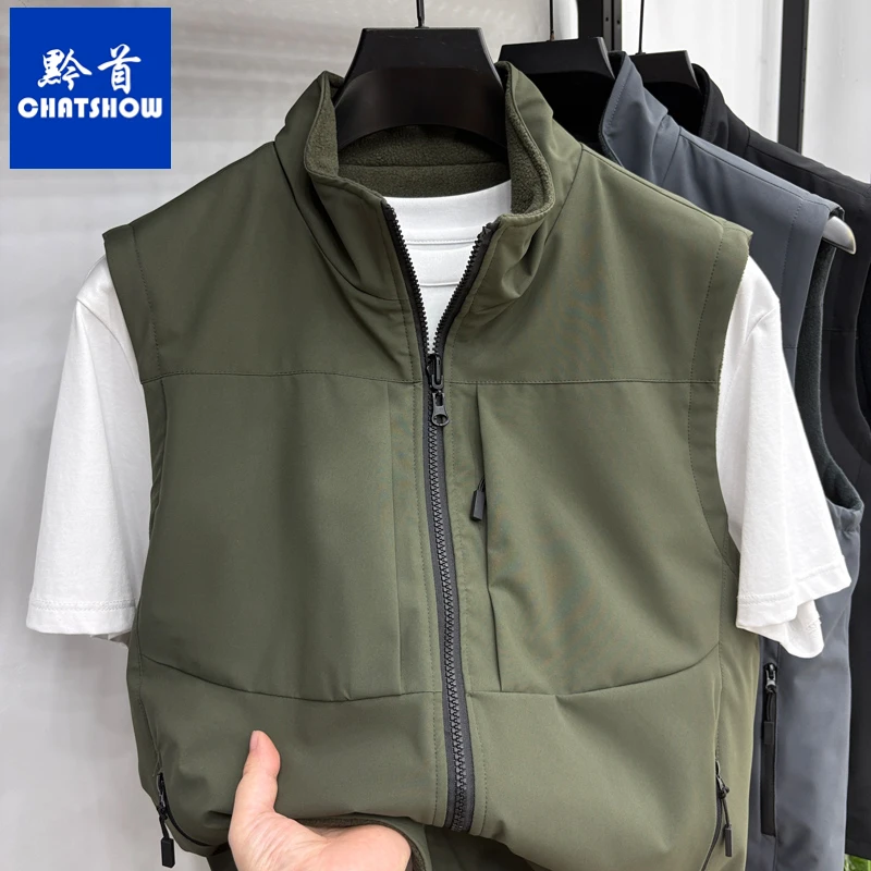 爆款男士立领拉链加绒马甲秋冬时尚新款户外休闲多口袋保暖背心男