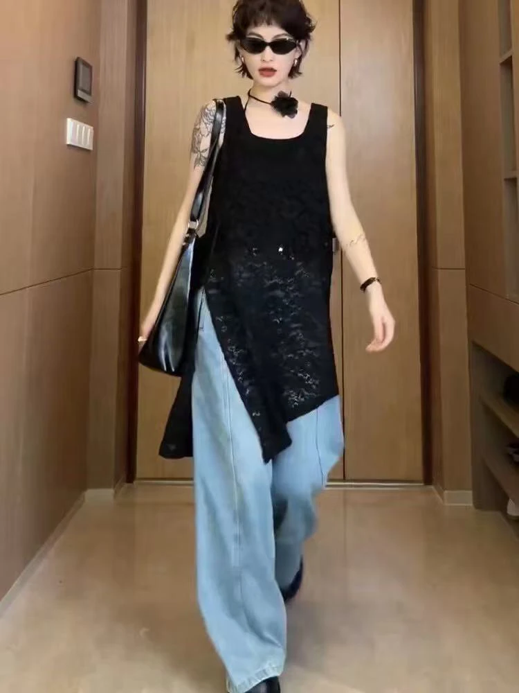 时尚开叉蕾丝背心无袖设计显瘦中长款夏季百搭