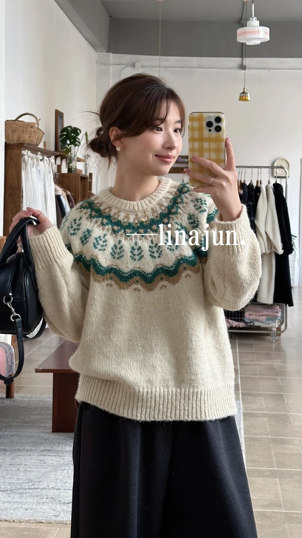 11.23秋冬新款韩系复古温柔费尔岛提花软糯圆领套头毛衣