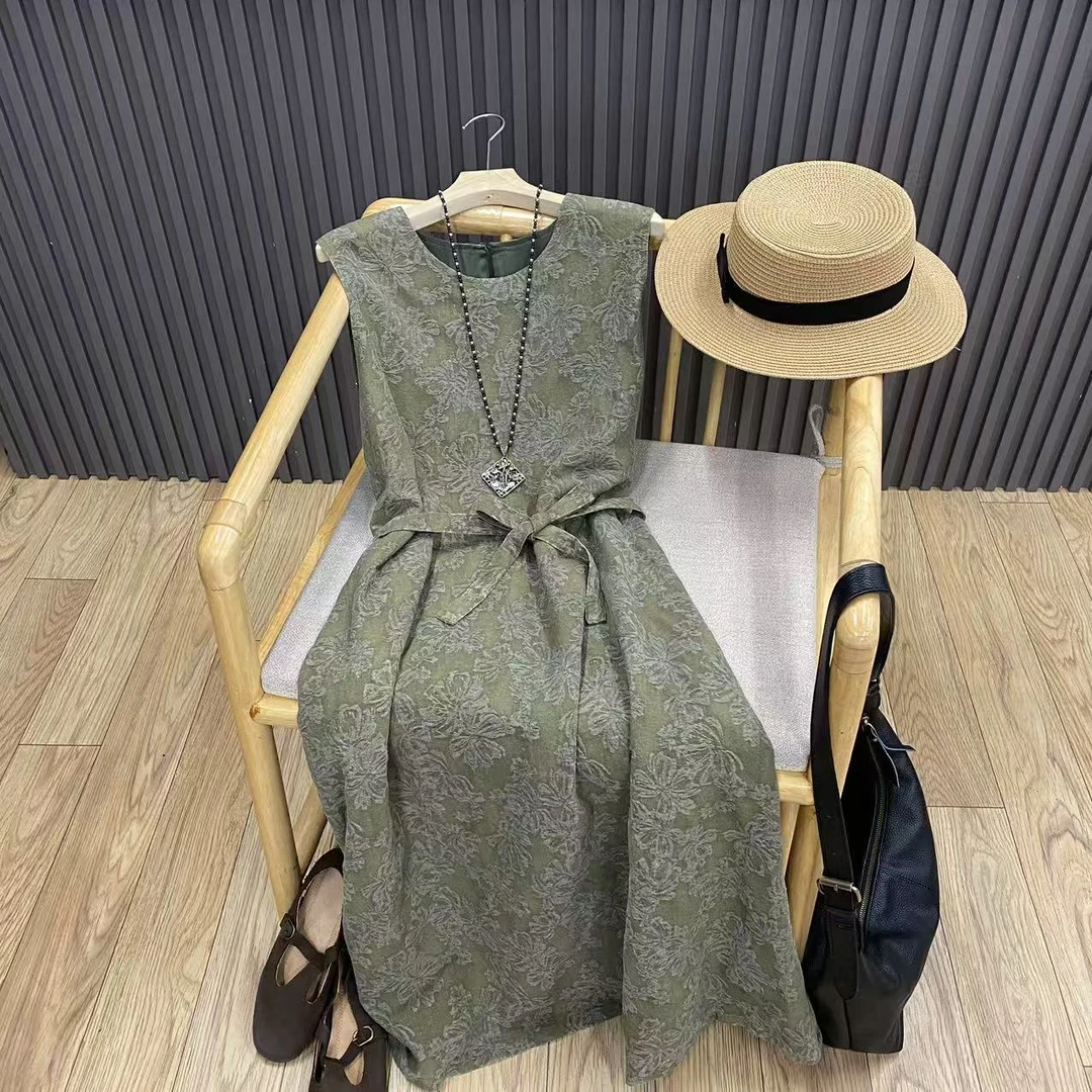 亚麻提花背心裙收腰系带文艺复古圆领套头中长无袖连衣裙女Q99113