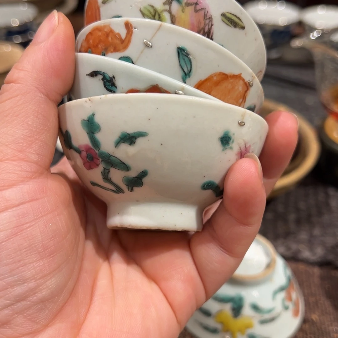 瑪***S粉彩瓷器花卉杯4个