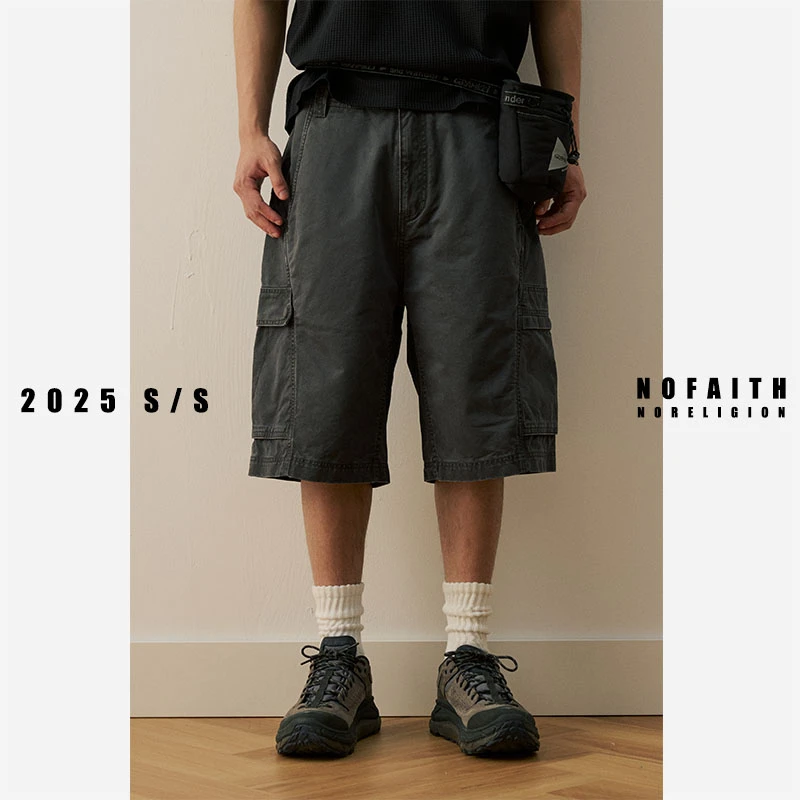 NOFAITH水洗做旧重磅300G双经斜纹拼接短裤男夏宽松休闲工装短裤