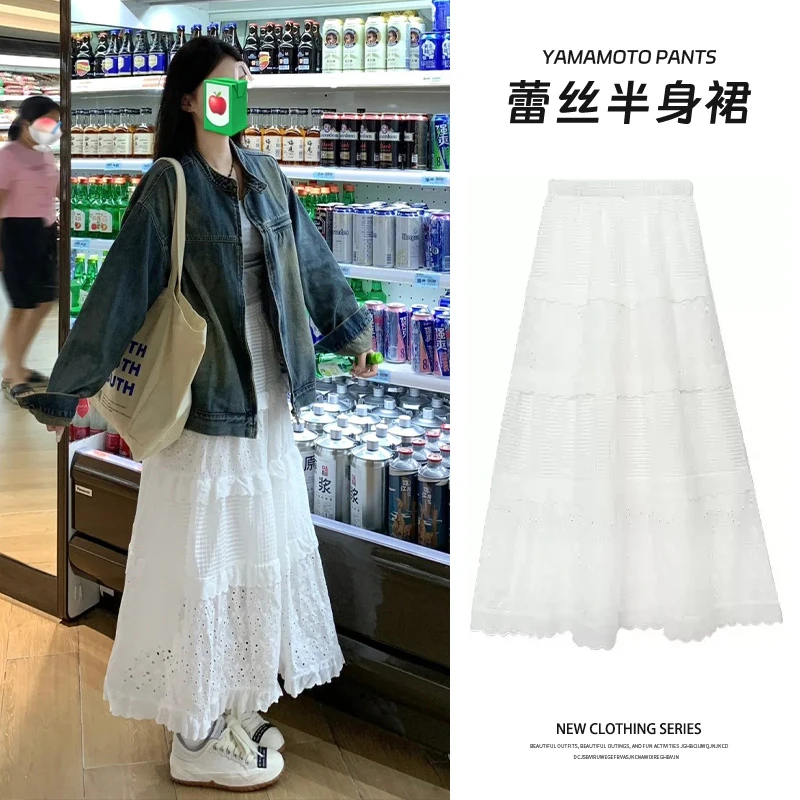 白色半身裙女2025年薄款夏季温柔风蛋糕裙高腰显瘦小众钩花裙长裙