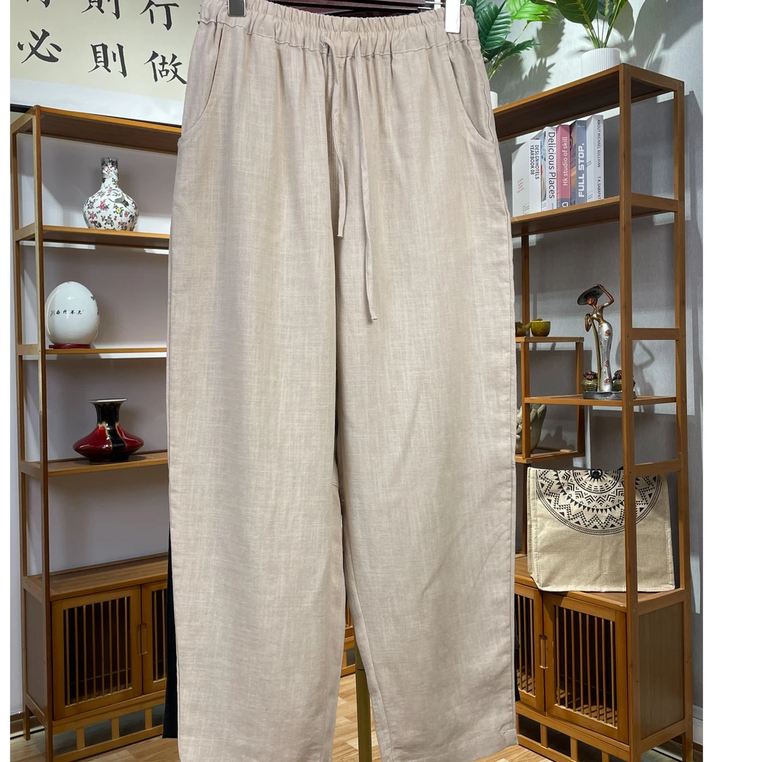 100%纯亚麻夏季长裤休闲阔腿哈伦裤国风宽松百搭复古松紧高腰