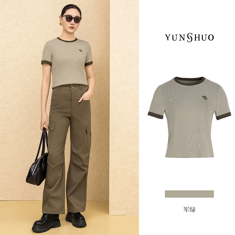 允硕春夏新品时尚百搭圆领休闲女T恤字母拼色简约短袖上衣325345