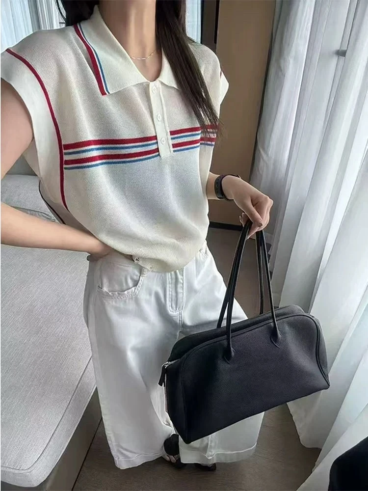 9355韩系洋气别致拼色条纹针织t恤女夏季新款小众独特显瘦上衣