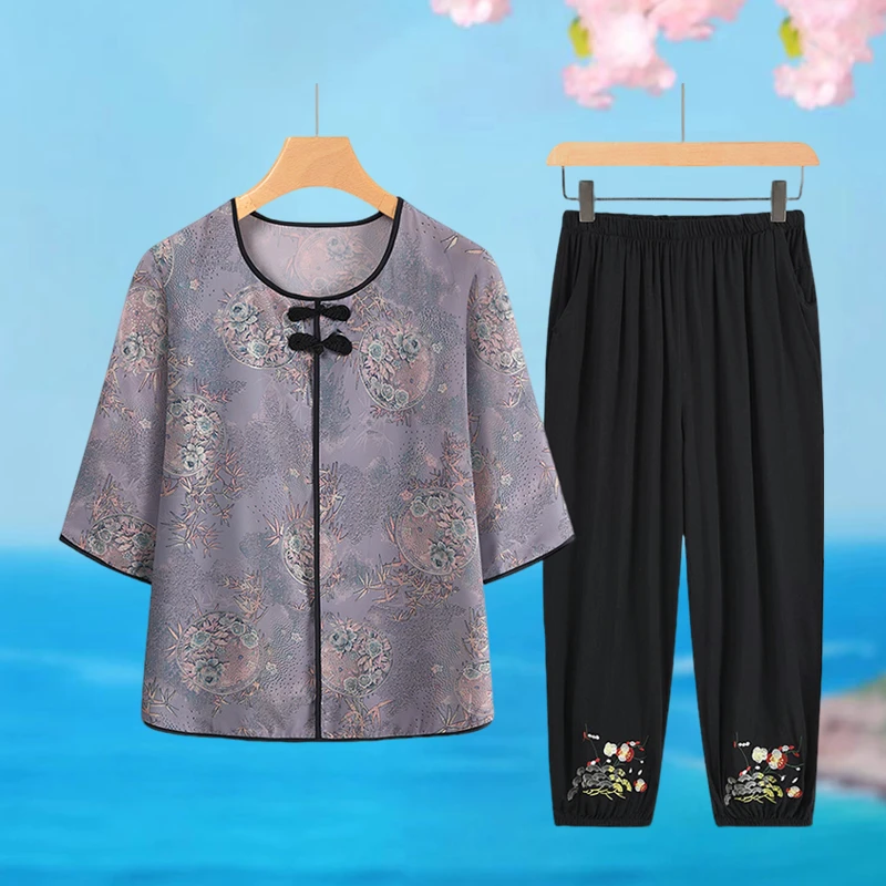 妈妈夏季复古套装老年人中袖奶奶装宽松两件套2025年新款衣服裤子