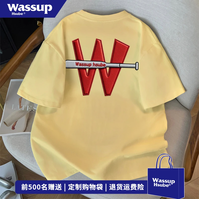 WASSUP HSUBE欧美式棒球棒字母印花短袖T恤男街头风潮牌正肩上衣