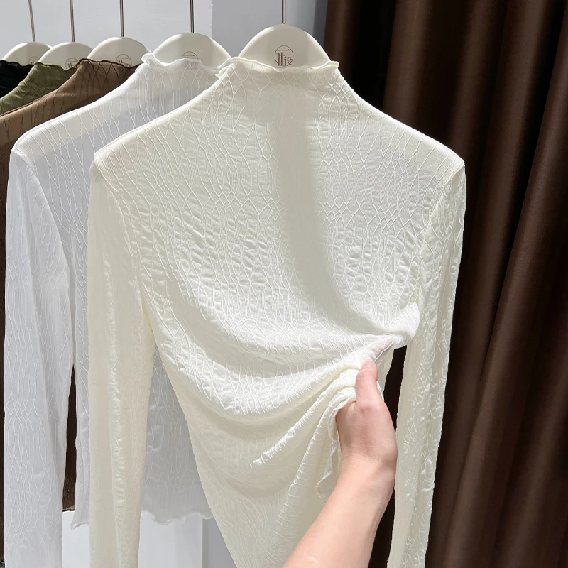 法式设计感提花蕾丝木耳边打底衫女春季2025新款网纱半高领薄T恤