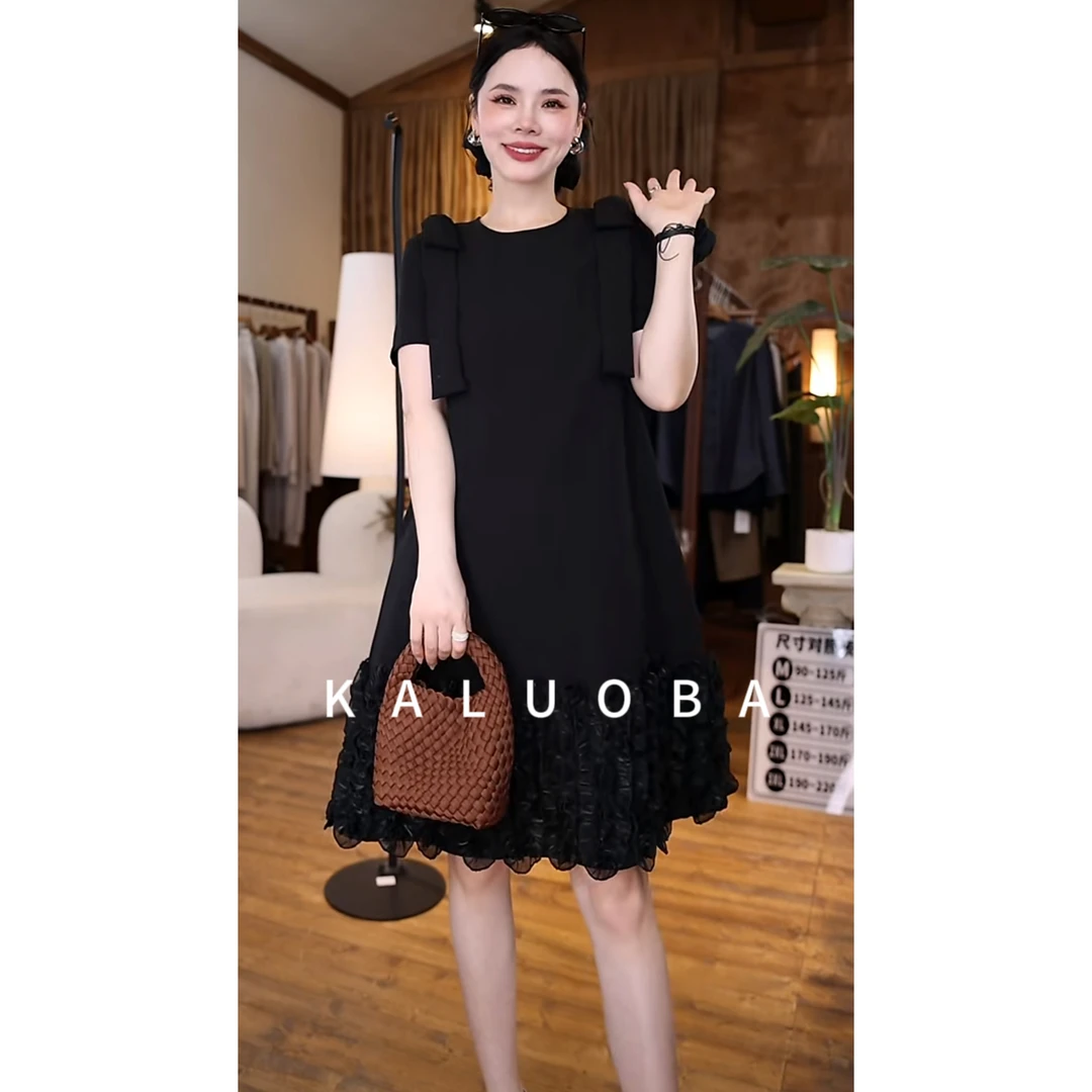 【原创大码设计师款】2025夏季A字版蕾丝拼接遮肉连衣裙6171