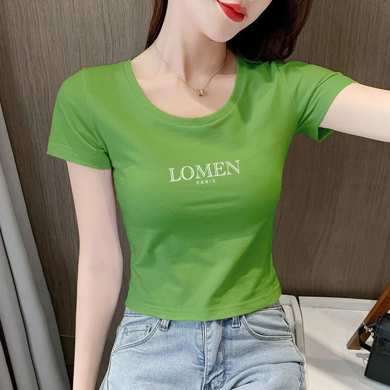 95棉短款圆领短袖T恤女夏季时尚百搭高腰露肚脐修身洋气体恤上衣