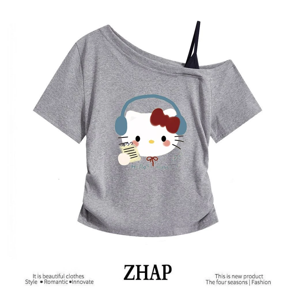 【ZHAP】新款斜肩吊带短袖t恤女露肩多巴胺夏季动漫kitty印花上衣