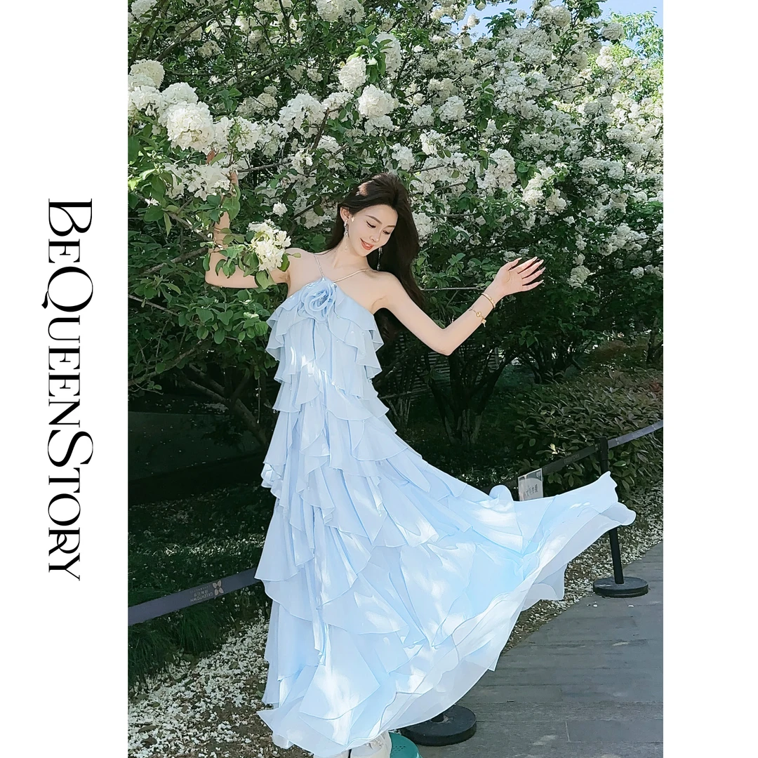 BeQueenStory【风吹海浪】优雅气质钉珠荷叶边波浪吊带连衣裙清冷感