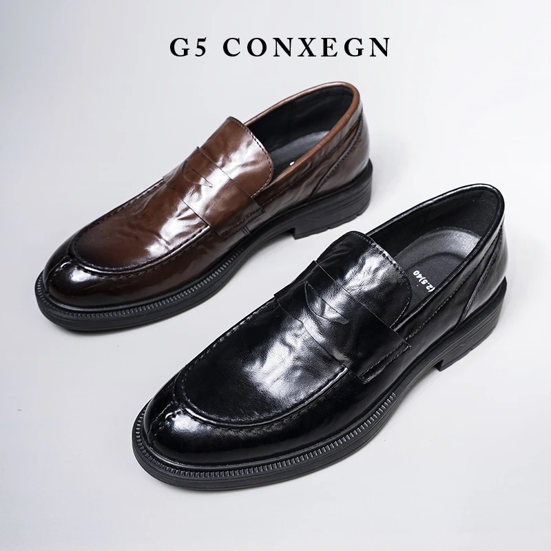 秋季新款牛皮男士商务休闲皮鞋真皮尖头英伦风一脚蹬乐福鞋25267