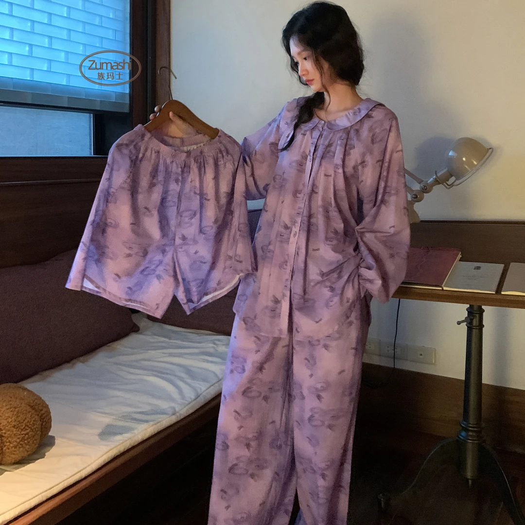 族玛士纯棉睡衣女士春秋冬季2025新款长袖外穿大码全棉家居服套装
