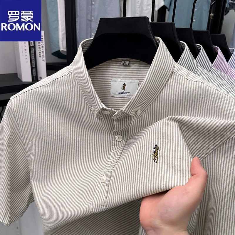罗蒙2025夏季新款纯棉短袖衬衫男士条纹衬衣休闲基础中年半袖寸衫