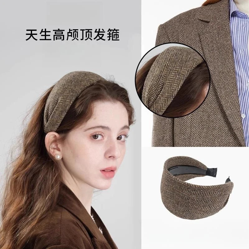 精品2025秋冬新款宽边高颅顶发箍复古格子港风头箍高级感网红发饰