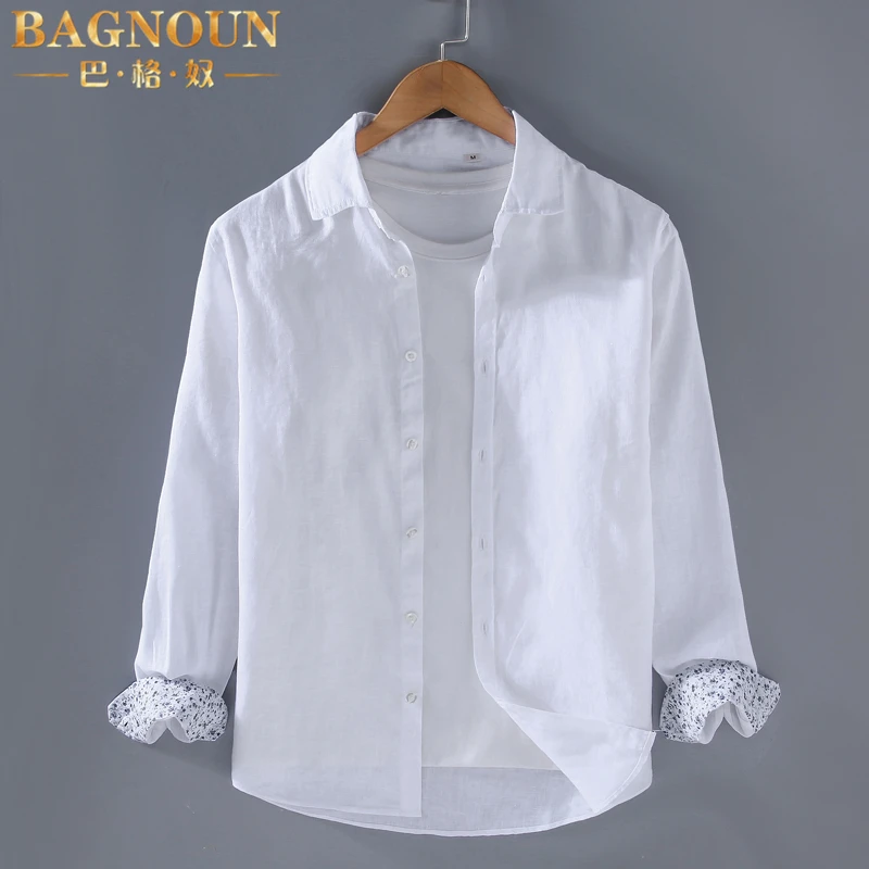 巴格奴100%亚麻长袖衬衫男士新款时尚高端织布商务大码透气款衬衣