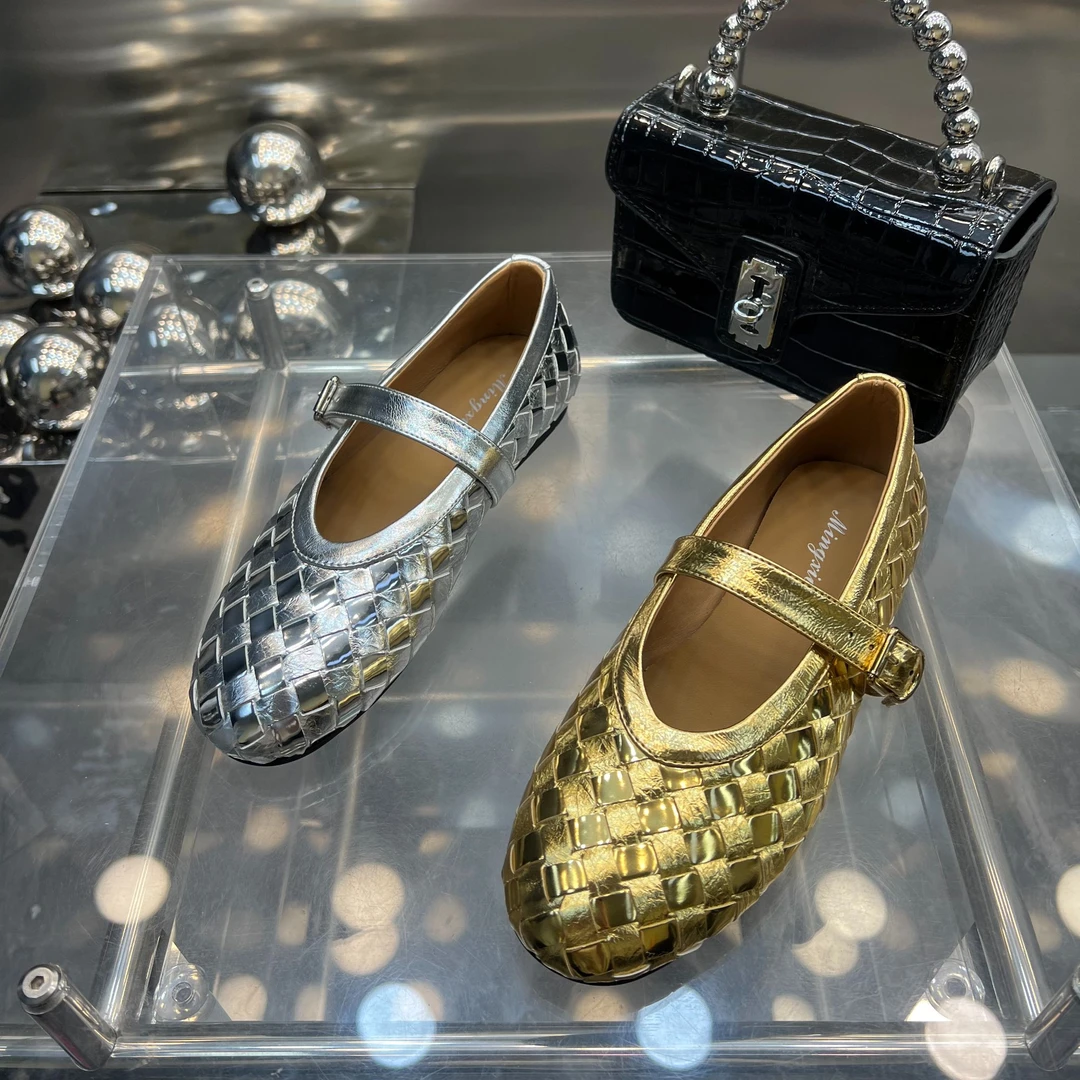 【现货】欧洲站2025春季新款真皮一字带玛丽珍鞋浅口编制单鞋6587-8