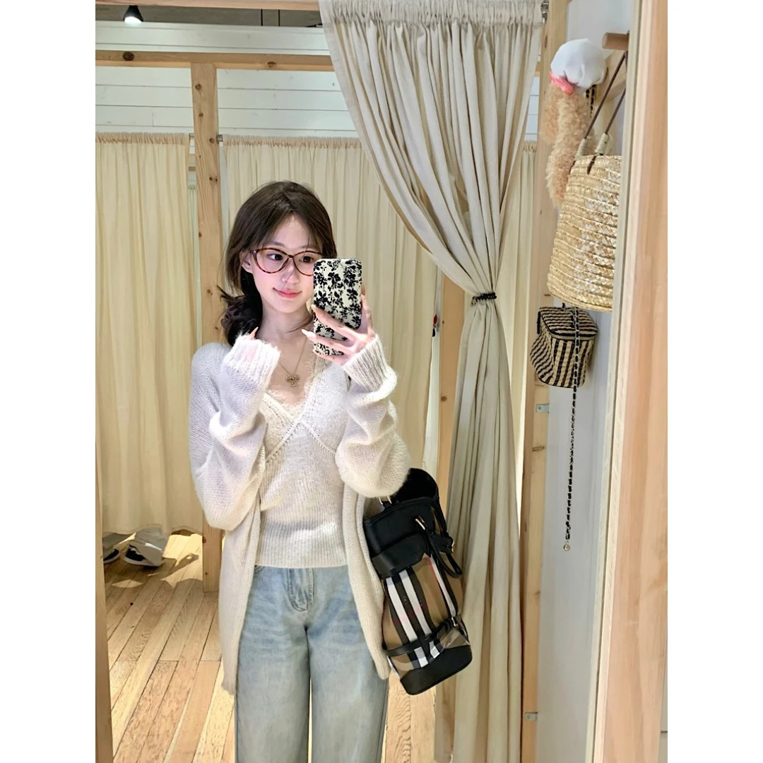 杏色温柔风长袖毛衣外套女装秋季宽松针织开衫休闲慵懒风上衣外搭