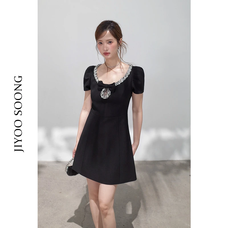JIYOO SOONG | 【璀璨蝶影】优雅钻边蝴蝶结小黑裙黑色连衣裙