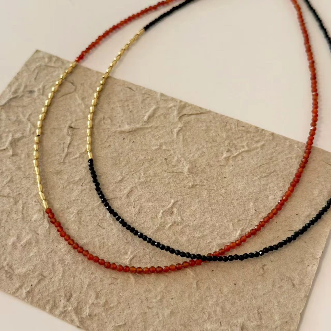 合金项链 纤细百搭 【新年红】 拼接撞色设计 闪闪切面串珠项链