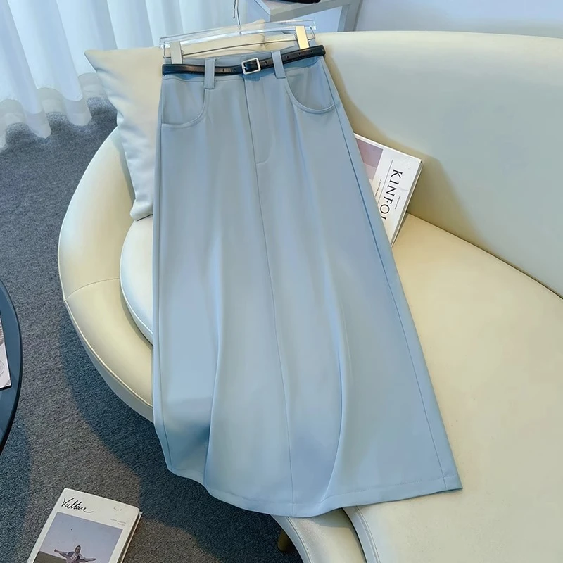 蓝色a字半身裙女夏季薄款2025新款时尚高级感伞裙显瘦垂感中长裙
