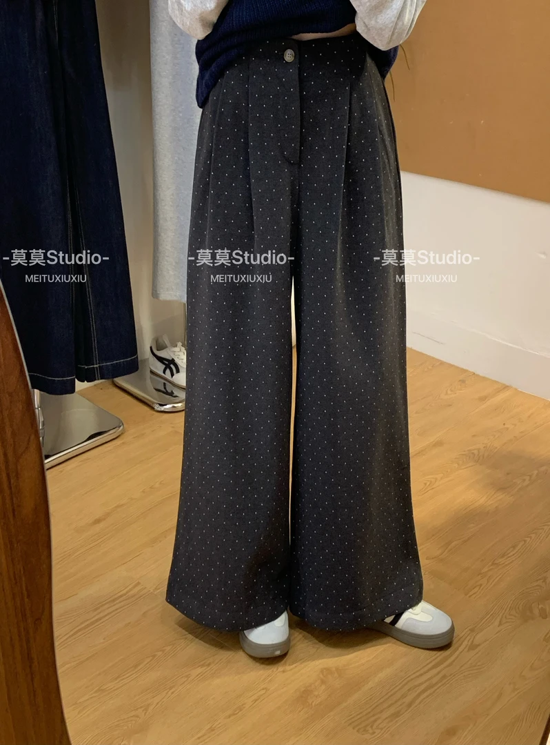波点阔腿裤女秋冬女装法式小众直筒宽松羊毛呢子长裤子604