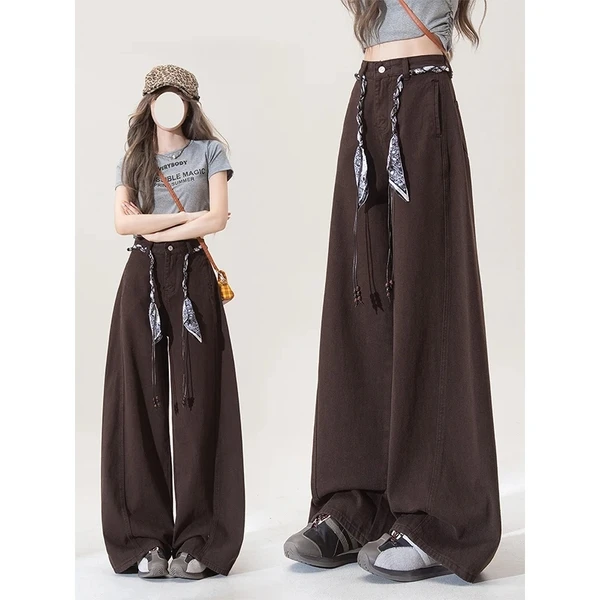 【送腰绳】美式复古咖色弯刀牛仔裤女秋冬高腰宽松阔腿拖地镰刀裤子