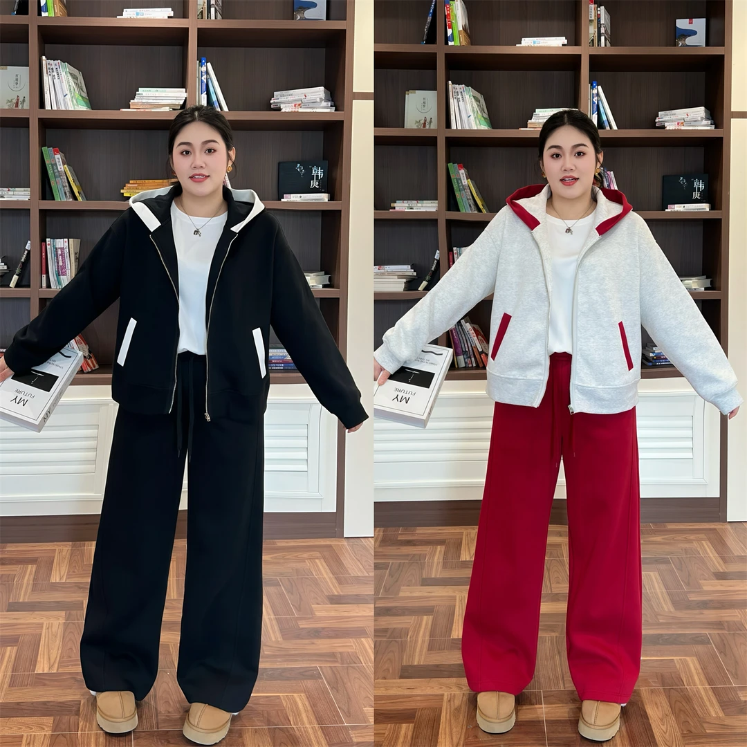 花契“加勒比海”大码女装秋季显瘦200斤胖mm撞色连帽两件套9004-F