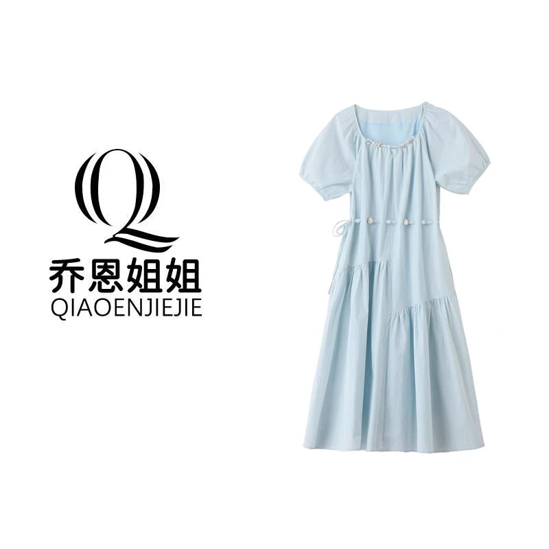 2025夏季新款裙子茶歇法式收腰显瘦中长裙A字裙泡泡袖方领连衣裙