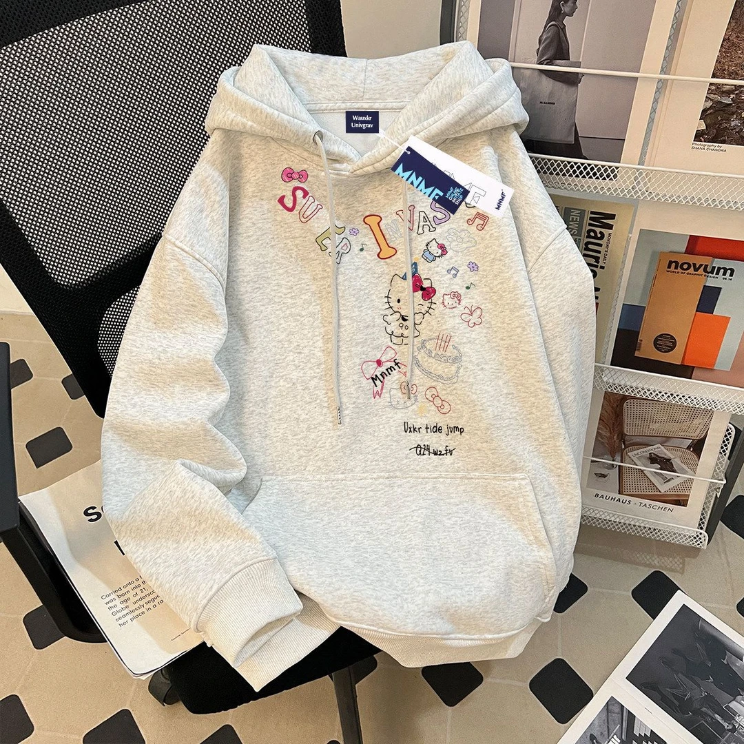 女童秋冬2025新款小猫咪卡通印花连帽卫衣中大童休闲百搭宽松上衣