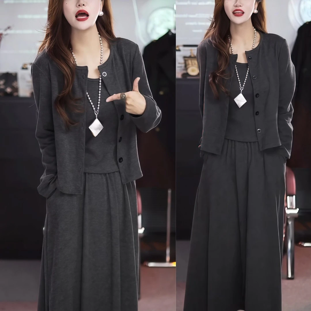 韩系气质针织开衫吊带半身裙三件套秋装新款百搭显瘦时尚三件套装